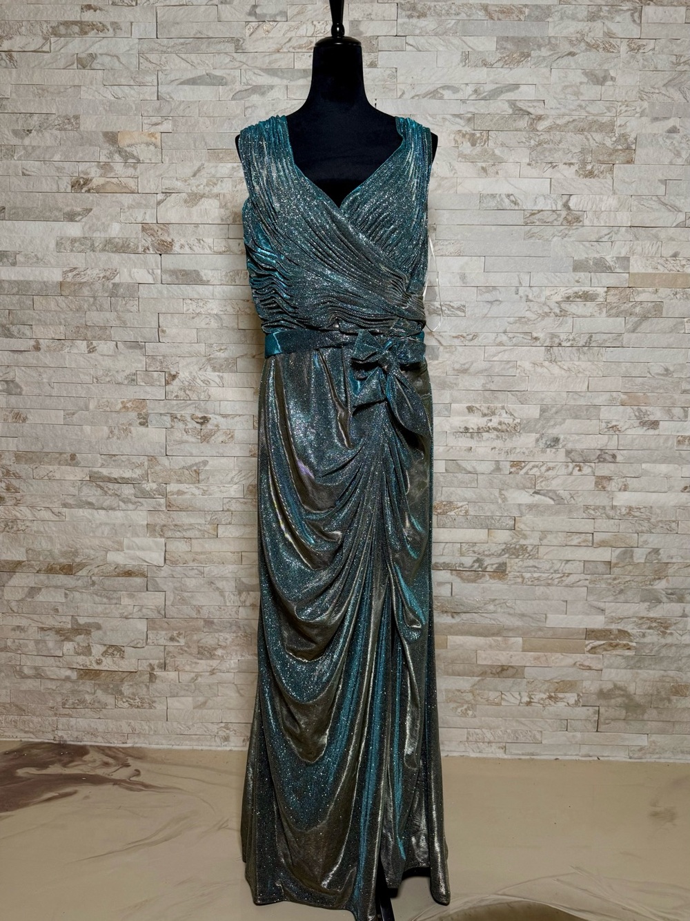 Off-Shoulder Teal Metallic Evening Gown with Front Slit from Terani Couture